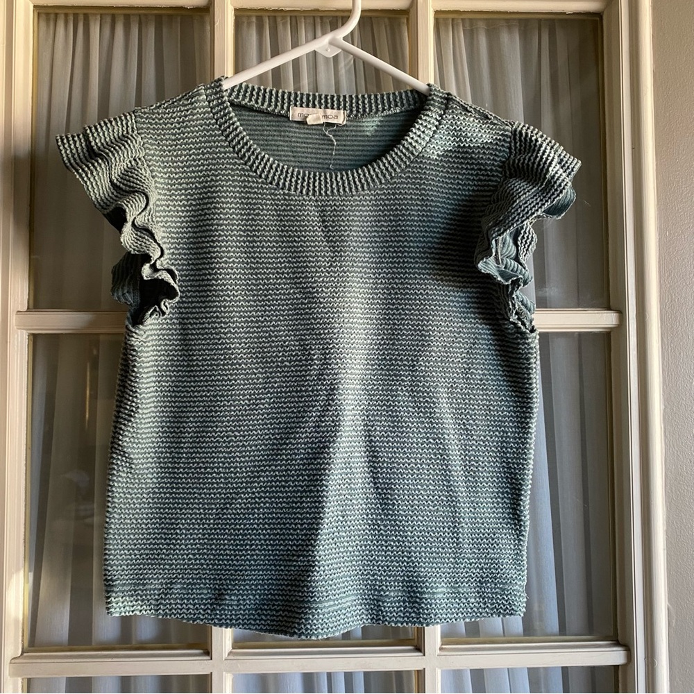 Moa Moa Green Textured Stripe Ruffle Sleeve Top